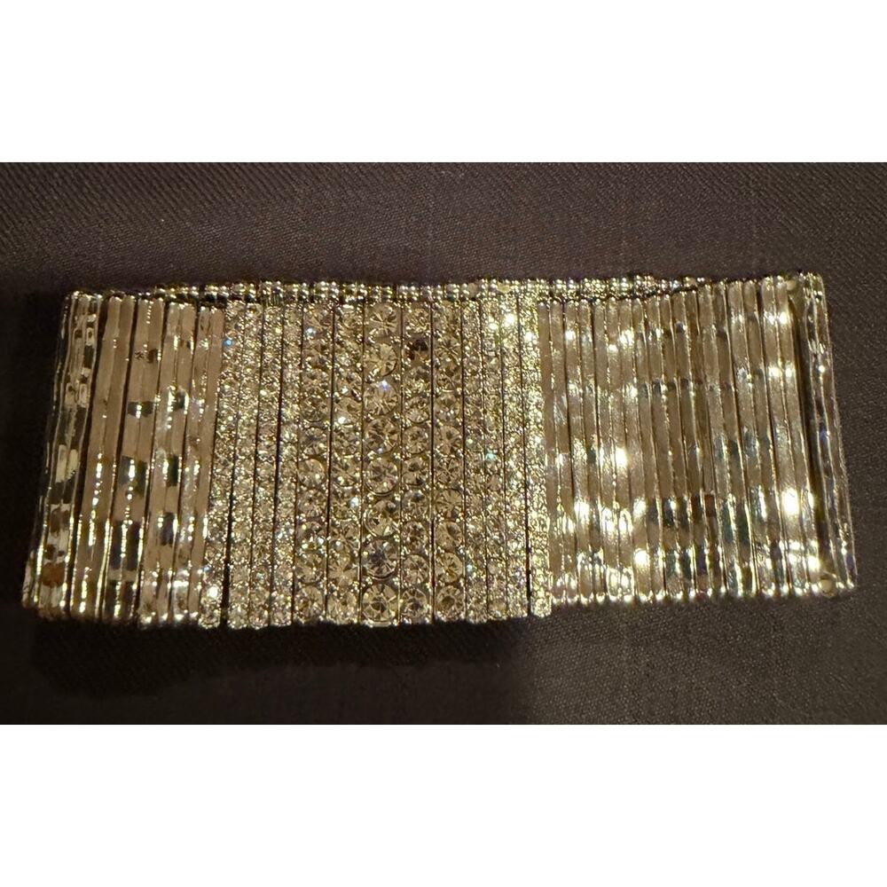 Vintage rhinestone 2" wide stretch bracelet textured metal bars 8" boho glam